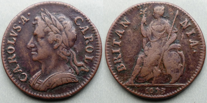 Charles II, 1673 CAROLA error farthing Charles II, 1673 CAROLA error farthing